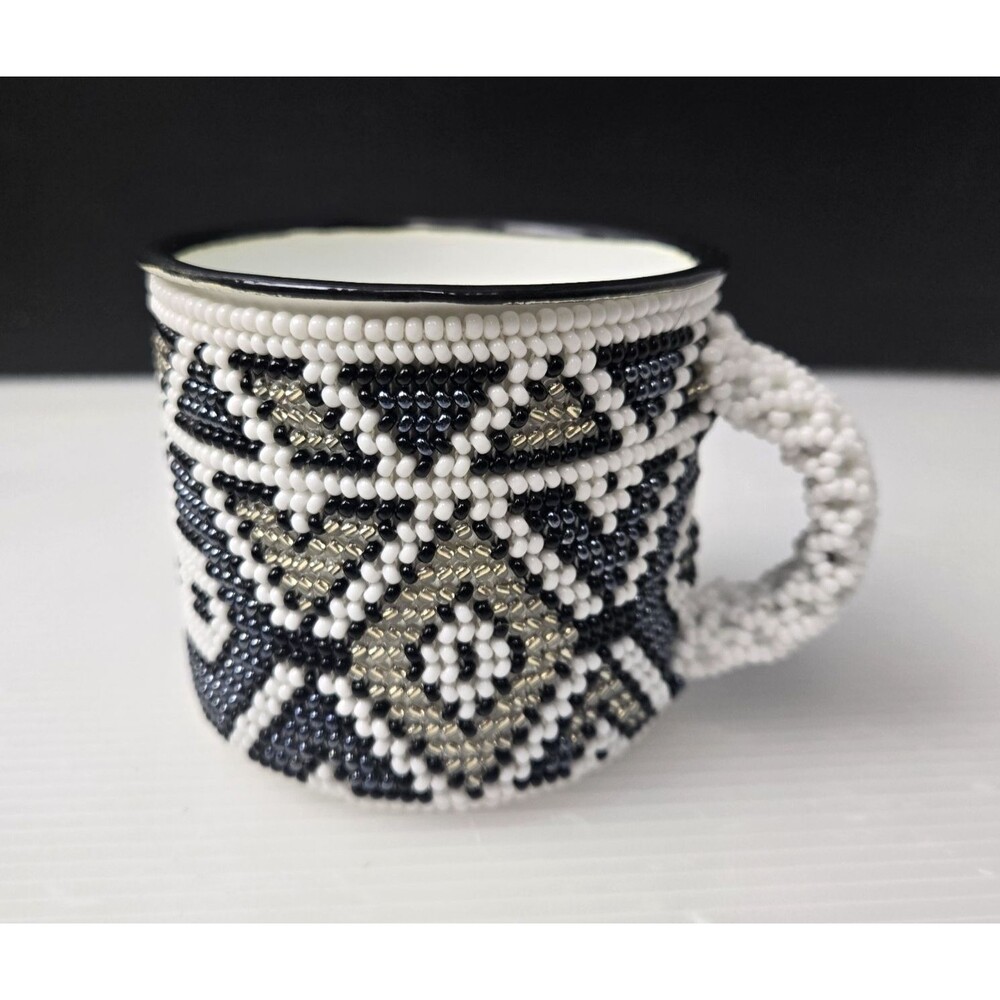 Vintage Hand Beaded Enamel Cup Mug Zulu Tribal Design Black White Gold Handmade